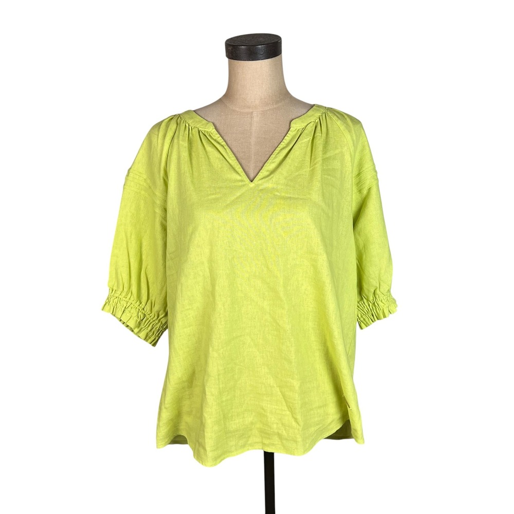 Nine West Womens Lime Green Linen Blend V-Neck Puff Sleeve Blouse Size M